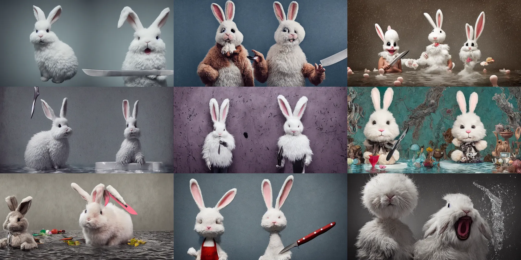 Prompt: a cute fluffy bunny rabbit with an insane expression, stands in a pool of water, holding a large kitchen knife. character concept art, intricate highly detailed 8 k, trending on artsy, surreal portrait photography, gary baseman, genevieve gauckler, trending on juxtapoz magazine