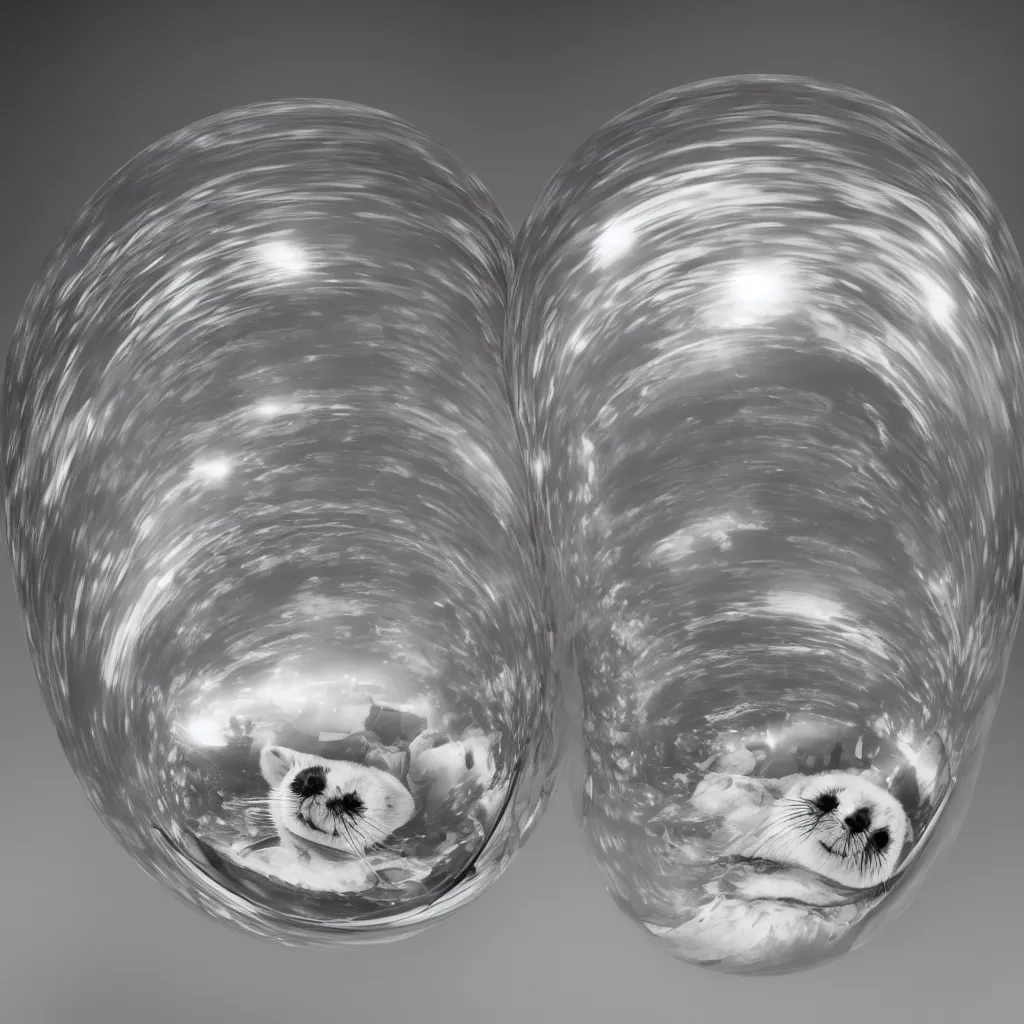 Image similar to full length portrait of a baby harp seal reflected in a chrome sphere, ultra wide 1 0 mm, by m c escher pen and paper