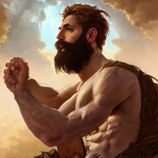 Image similar to portrait of a heavenly god, male, masculine, beard, full body, muscular, fantasy, intricate, elegant, dramatic lighting, highly detailed, digital painting, artstation, concept art, matte, sharp focus, illustration, art by artgerm and greg rutkowski and alphonse mucha