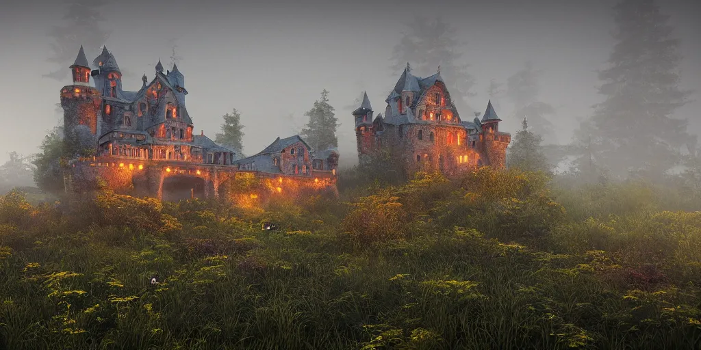 Prompt: a highly detailed photo of an overgrown castle surrounded by a mist shot during twilight on 3 0 mm film painted by alena aenami, rendered in unreal engine