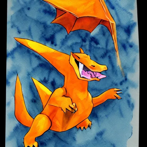 Image similar to charizard, watercolors, trending, artstation, stained paper