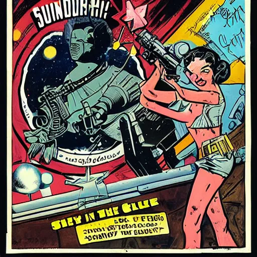 Image similar to space opera gunfight, in the style of feldstein, johnny craig, wally wood, and jack davis