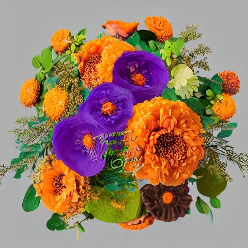 Prompt: a beautiful stunning fantasy matte digital painting of a bouquet made of orange roses and orange chrysanthemums and purple poppies and green eucalyptus and green flora, a photograph painted in the style of Bridal Magazine, professional floral arrangement, professional lighting, trending on artstation hq, contest winner