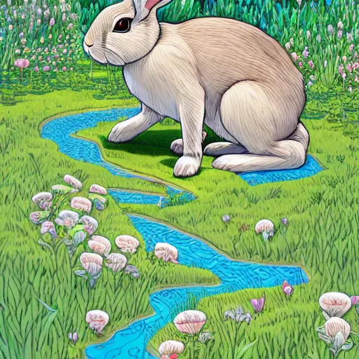 Image similar to rabbit burrow beside a flower lined river extremely detailed, sharp focus, wide view, full body shot, smooth, digital illustration, by james jean, by rossdraws, frank franzzeta, sakimichan rutkowski