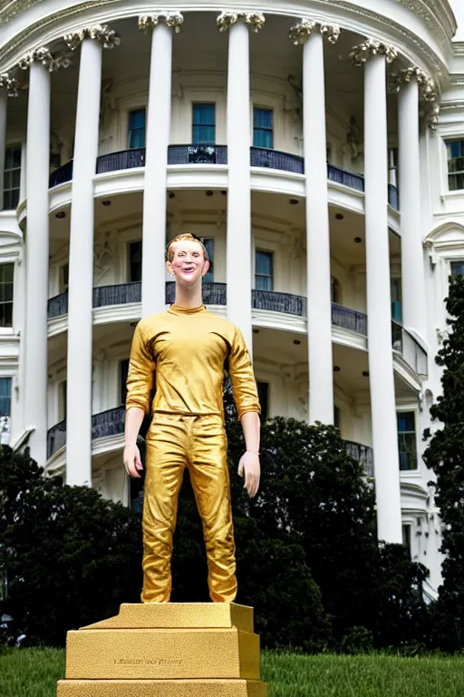 Image similar to A beautiful gold statue of Mark Zuckerberg in front of White House, photo by Steve McCurry, heroic pose, detailed, smooth, smiling, professional photographer