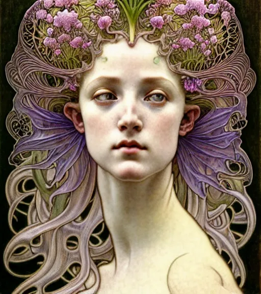 Image similar to beautiful young orchid fairy detailed realistic porcelain face portrait by jean delville, alphonse mucha, iris van herpen and charlie bowater, art forms of nature by ernst haeckel, art nouveau, symbolist, visionary, gothic, neo - gothic, pre - raphaelite, fractal lace, intricate alien botanical biodiversity, surreality, hyperdetailed ultrasharp octane render