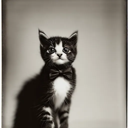 Image similar to a portrait photo of a cute kitten wearing a tuxedo by edward weston, auto graflex, 2 1 0 mm ƒ / 6 4 zeiss tessar, agfa isopan iso 2 5, pepper no. 3 5, 1 9 3 0, high quality photo, highly detailed, studio lighting, fine - art photography, tack sharp