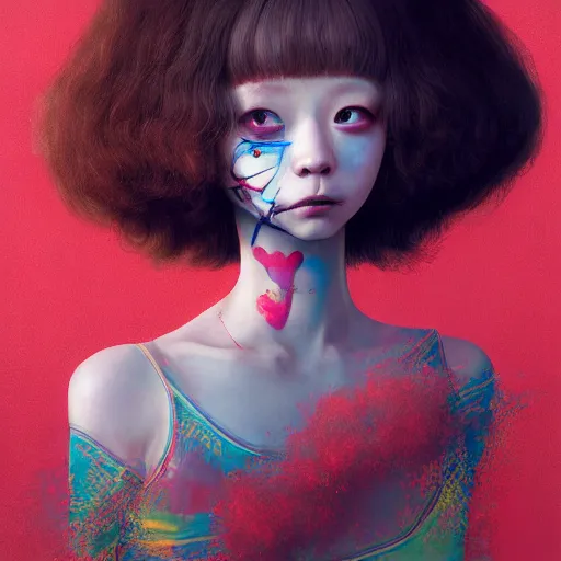 Image similar to breathtaking detailed painting of clown girl , with anxious, piercing eyes, Atari game cover art by Hsiao-Ron Cheng, James jean, Miho Hirano, Hayao Miyazaki, extremely moody lighting, hyperrealistic, octane render, RPG portrait, ambient light, dynamic lighting