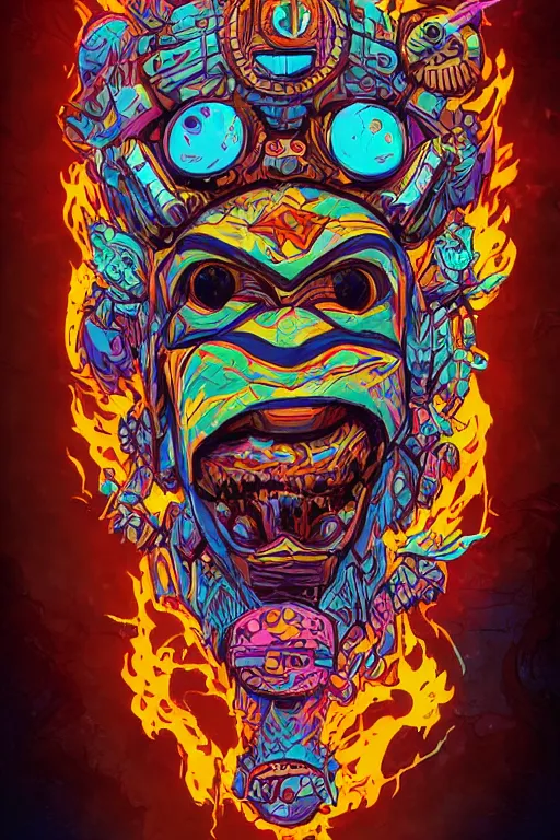 Prompt: totem animal tribal chaman vodoo mask feather gemstone plant wood rock video game illustration vivid color borderlands by josan gonzales and dan mumford radiating a glowing aura