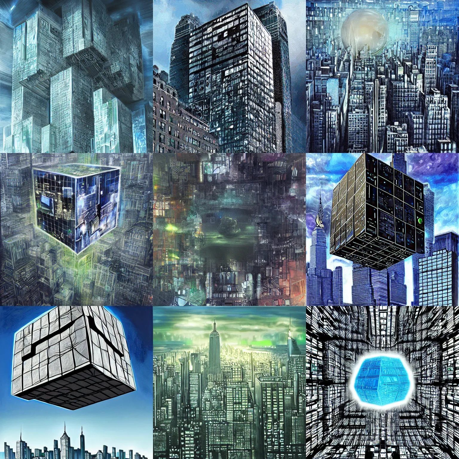 Prompt: a giant borg cube over new york, realistic painting, high definiton, digital art