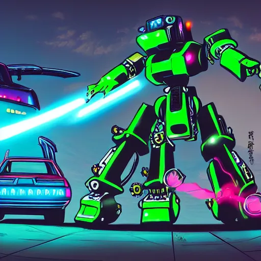 Image similar to detailed wide shot photograph of an anime style mecha robot dinosaur and a nissan skyline r34 cyberpunk, neon