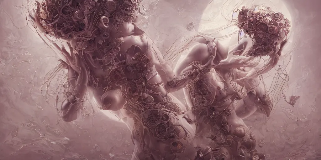 Image similar to hyperrealistic solarpunk photography of a highly detailed and symmetrical gorgeous cyborg nymph awash in a sea of milk in the style of beth cavener, jin kagetsu, james jean and wlop, face symmetry, masterpiece, award - winning, sharp focus, intricate concept art, ambient lighting, 8 k, artstation