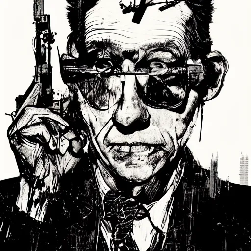 Image similar to Graphic Illustration, Creative Design, Guns, Cyberpunk, Portrait, graffiti, by Ralph Steadman, Francis Bacon, Hunter S Thompson