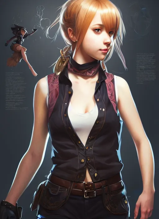 Image similar to portrait of a full body of beautiful young female detective, d & d, sleeveless turtleneck, fantasy, flat lighting, intricate, highly detailed, digital painting, artstation, concept art, smooth, sharp focus, illustration, misa amane, art by simon bisley and greg rutkowski and alphonse mucha, natural tpose