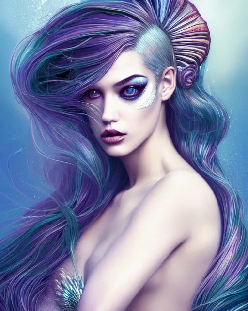 Image similar to portrait of mermaid, zoom, rule of thirds, atmosphere, intricate, vogue, regal, latinas, symmetrical!!, makeup, loreal, maybelline, sephora, loreal, artstation, art by artgerm and gonzalo ordonez arias, moody, concept art, filmic, vsco