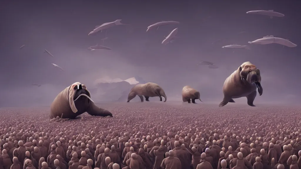 Image similar to an Epic Giant Walrus Battling an army of 1000s of Obama Clones by Beeple, 4K