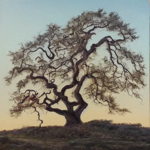 Image similar to A painting of a wizened oak tree, with the face of an old bearded man