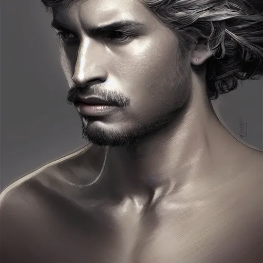 Image similar to ultra realistic illustration, young man with dark gray skin, short white hair, intricate, elegant, highly detailed, digital painting, artstation, concept art, smooth, sharp focus, illustration, art by artgerm and greg rutkowski and alphonse mucha