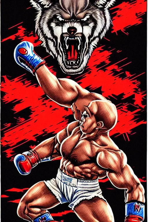 Prompt: extreme long shot. 8 bit nes graphics. antropomorphic muscular masculine wolf. kickboxer fighter, in shorts. angry wolf head. fine details, very sharp, art from nes game cartridge, 8 0's, vhs artefacts, vaporwave style, marc simonetti and hermann nitsch.