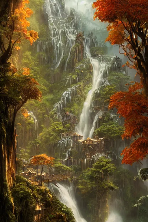 Image similar to wooden elven City with golden roofs, on top of a WATERFALL in the fall, gnarly trees, lush vegetation, forrest, a small stream runs beneath the waterfall, landscape, raphael lacoste, eddie mendoza, alex ross, john howe, concept art, matte painting, highly detailed, rule of thirds, dynamic lighting, cinematic, detailed, denoised, centerd