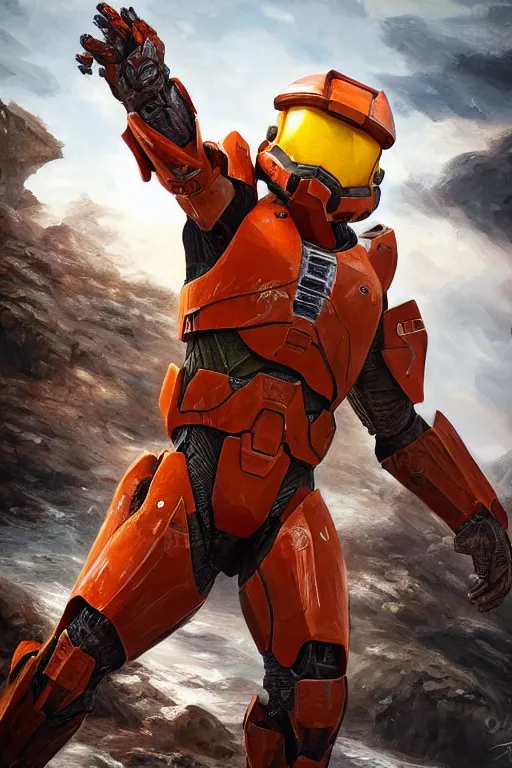 Prompt: magikarp playing as master chief, oil on canvas, intricate, portrait, 8 k highly professionally detailed, hdr, cgsociety