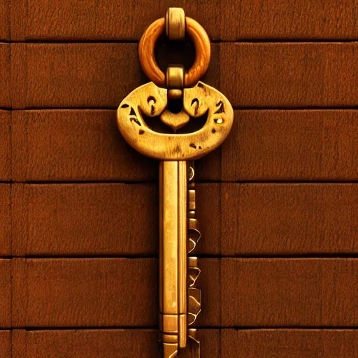 Image similar to a highly detailed key for the doors item, key is on the center of image, key has metal and wooden elements, point and click game inventory item, very detailed, dynamic lights, on the solid color background, high poly vray render, stylised textures, trending on artstation