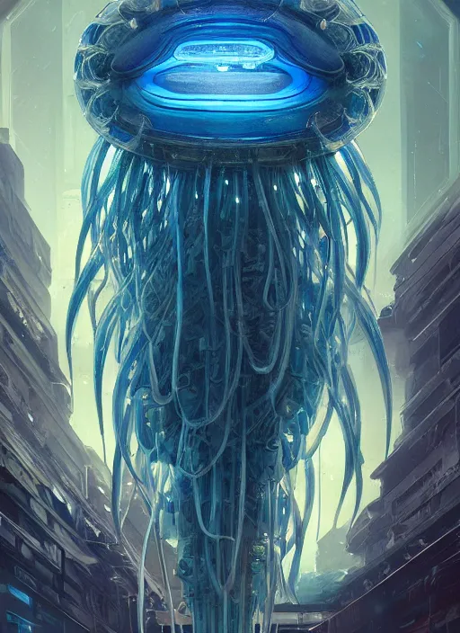 Image similar to Panorama hyper detailed painting of a cyberpunk jellyfish, blue tones, underwater, 8 mm, highly detailed, digital painting, artstation, concept art, smooth, sharp focus, illustration, art by artgerm and greg rutkowski and alphonse mucha