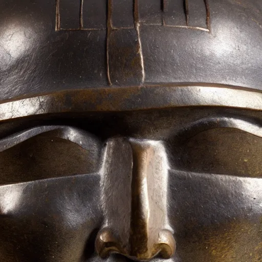 Prompt: ancient japanese samurai helmet, old bronze statue, intricate detail, full shot, museum lighting, ultra detailed,