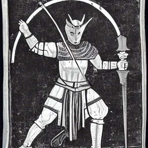 Image similar to photograph of a medieval warrior from koingation with wolf ears and a wolf tail, holding an arming sword wearing light leather armor