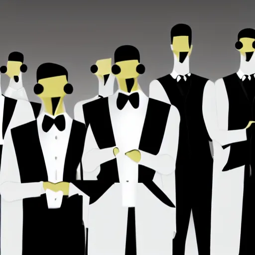 Image similar to a group of faceless humans with long limbs wearing tuxedos