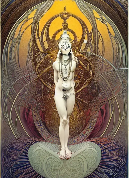 Image similar to a painting. a white shiva. trichiales. gold art nouveau mucha border. top circle arch, hyper complexity, intricate detailed, realistic art deco by greg rutkowski and zdzisław beksinski and john harris photoreal