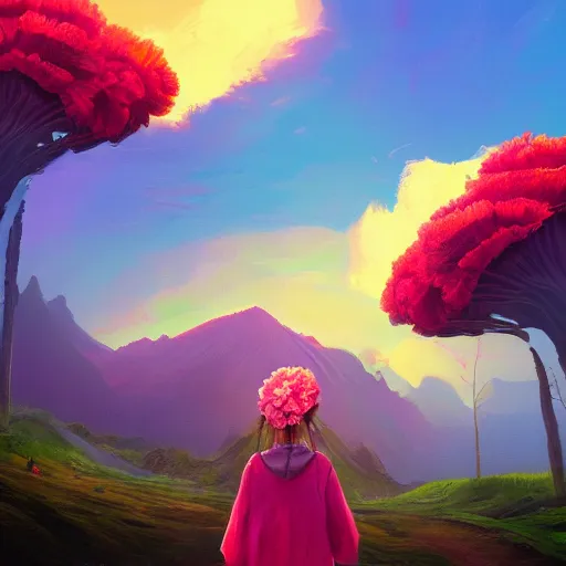 Image similar to giant carnation flower as a head, girl hiking in the mountains, surreal photography, sunrise, dramatic light, impressionist painting, colorful clouds, digital painting, artstation, simon stalenhag