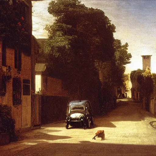 Image similar to a Victorian street in 1840, Mini Cooper S, by Caravaggio