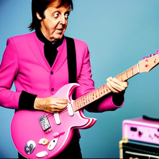 Image similar to Paul McCartney playing a Squier Hello Kitty Stratocaster, 8k, high definition, highly detailed, photorealistic