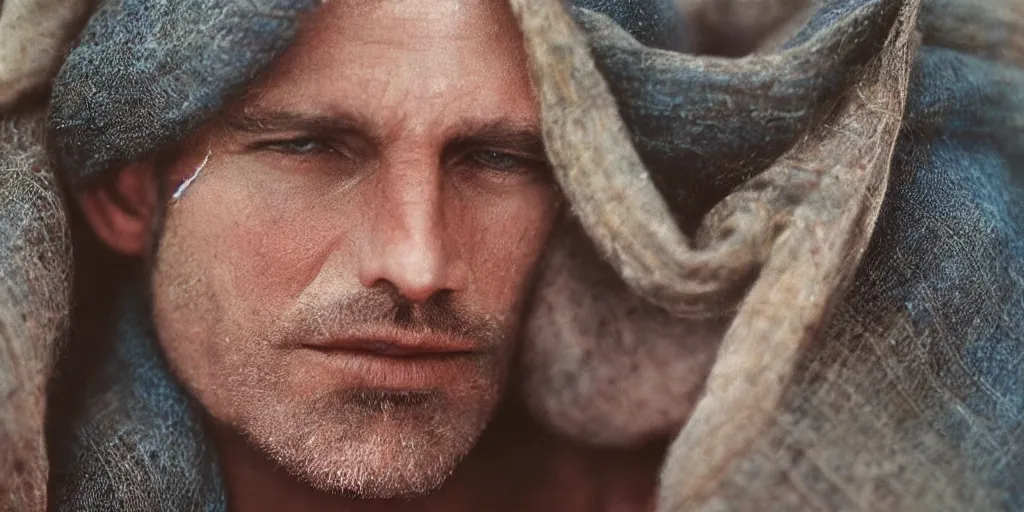 Prompt: a man with a slight stubble is lookin through the shawl, photo by Annie Leibovitz,