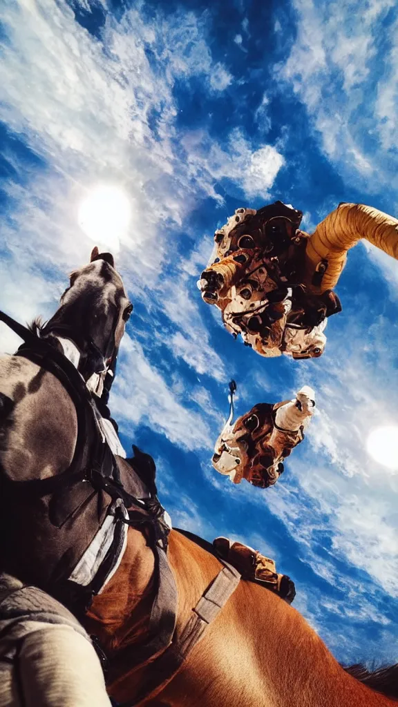Prompt: astronaut takes a selfie, a horse riding an astronaut, a horse in the background, no gravity, cinematic art, fantasy art, low angle shot, from below shot
