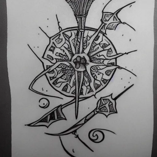 Prompt: Voynich manuscript illustration outline tattoo design, black ink on white paper