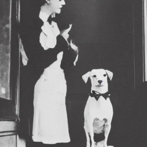 Image similar to an vintage wide snapshot from the 1 9 2 0 s shows a archduchess with posing with her dog, a jack russell terrier, outside an open window. she wears a fancy white shirt with a big bowtie, along with a dark - colored skirt. she wore her wristwatch over the cuff of her blouse in the manner of gianni agnelli.