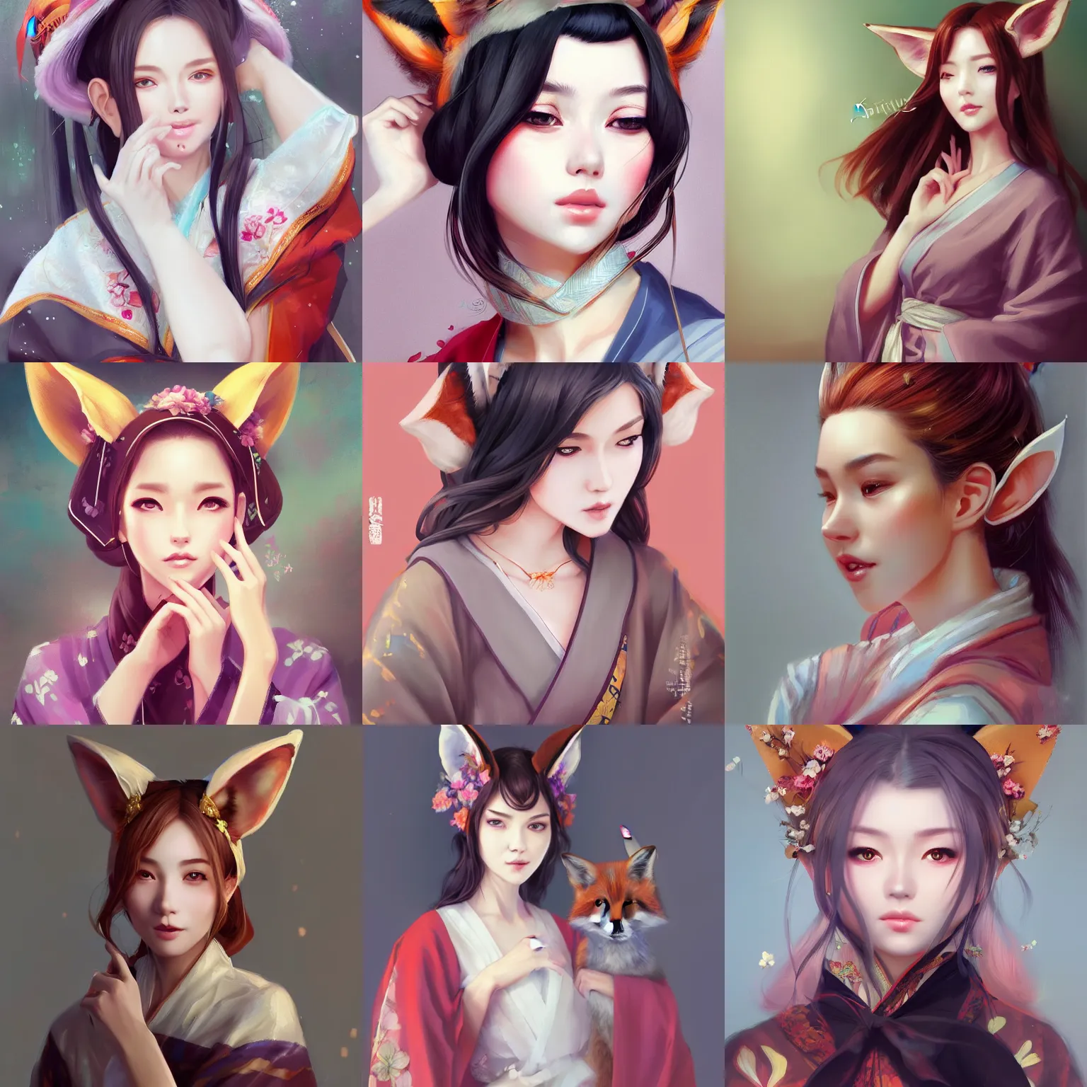 Prompt: A potrait of a beautiful woman with fox ears wearing a modest kimono, digital painting, by Stanley Artgerm Lau, WLOP, Rossdraws, LeraPi, and Sakimichan, digtial painting, trending on ArtStation, deviantart, SFW version, anime eyes