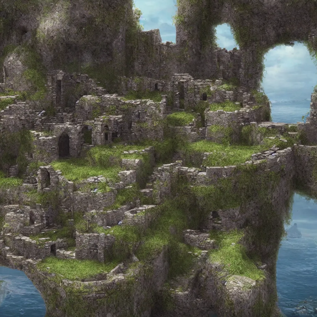 Image similar to looking up at a ruined castle on a small island only reachable by a small land bridge, 8 k, ultra realistic cinematic, intricate, cinematic light, concept art, illustration, art station