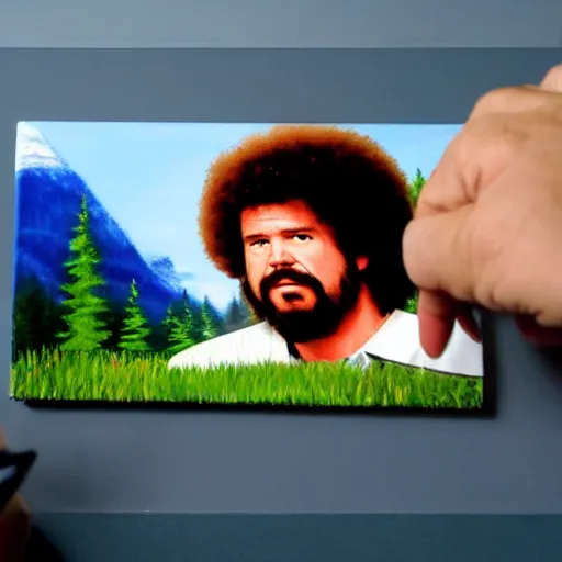 Image similar to a closeup photorealistic photograph of bob ross working on an image of kenny powers autographing a baseball on a canvas. mountains and trees. film still. brightly lit scene. this 4 k hd image is trending on artstation, featured on behance, well - rendered, extra crisp, features intricate detail, epic composition and the style of unreal engine.