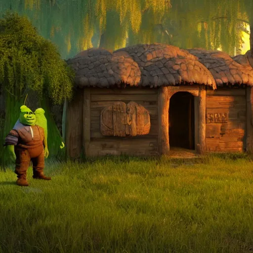 Prompt: Joe Rogan as shrek in front of hut in the swamp, cinematic lighting, masterpiece, trending on artstation, 4k