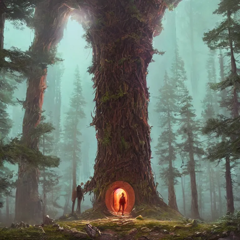 Image similar to a forest gnome standing in front of a portal. Detailed digital matte painting in the style of simon stalenhag