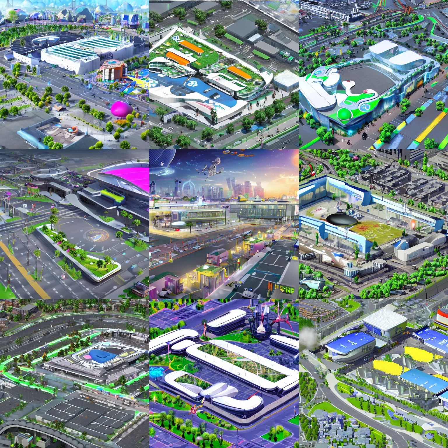 Prompt: a future urban city, sports center, large gymnasium, white buildings + colorful decorative + led billboards + brand logo, cute future vehicles, cute spacecraft flying in the air, cute pokemon walking on the street, cute scene, huge universe, alien planet in the sky faraway, dokev, ratchet & clank, overwatch, splatoon 3