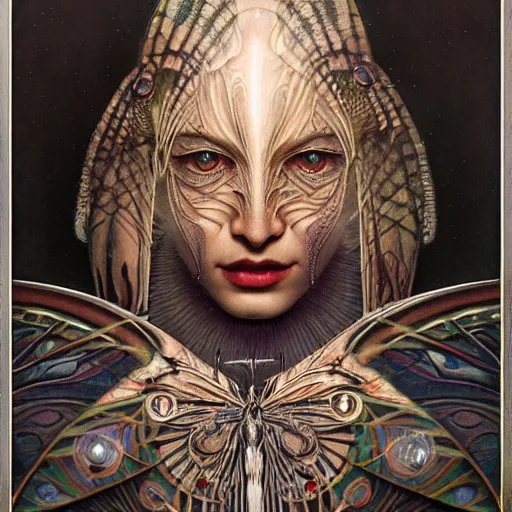 Image similar to beautiful closeup portrait of an art deco shaman, glowing eyes. reflective detailed textures, moth wings, highly detailed dark fantasy science fiction painting by tom bagshaw and michael whelan and diego rivera and annie swynnerton and jean delville, elaborate geometric ornament, ancient runes, silver and cool colors. artstation