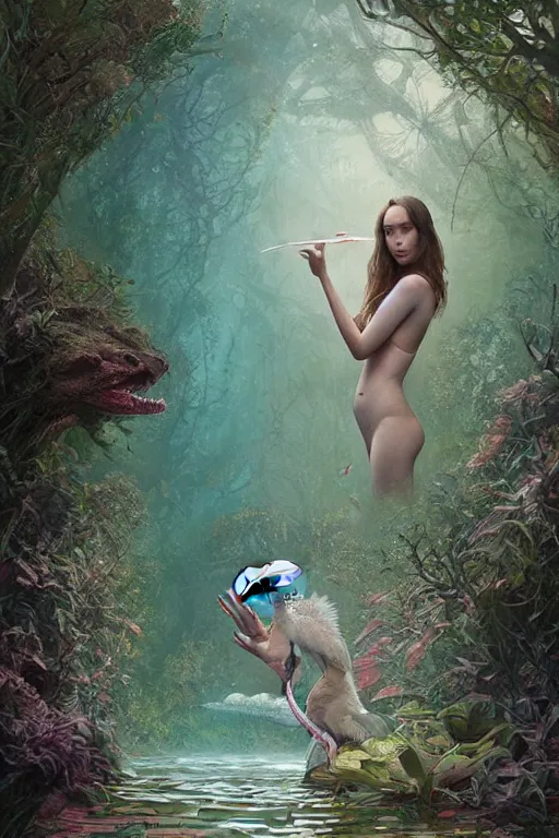 Prompt: Alycia Debnam-Carey as a axolotl full body portrait, seductive, sexy, lily pads, intricate, digital painting, old english, whimsical background by marc simonetti, artwork by liam wong