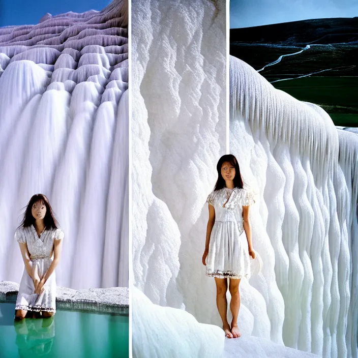 Image similar to Kodak Portra 400, 8K, soft light, volumetric lighting, highly detailed, britt marling style 3/4 ,portrait photo of Kasumi Arimura, the face emerges from Pamukkale, thermal waters flowing down white travertine terraces, inspired by Ophelia paint , a beautiful lace dress and hair are intricate with highly detailed realistic beautiful flowers , Realistic, Refined, Highly Detailed, natural outdoor soft pastel lighting colors scheme, outdoor fine art photography, Hyper realistic, photo realistic