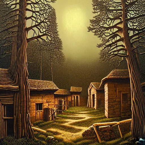 Image similar to an ancient village in the woods, painting by jeffrey smith