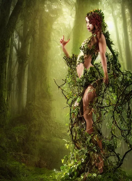 Image similar to full body picture of nature goddess with vines wrapped around her wondering through forest + bright lights + forests + plants + dramatic fog + intense, dramatic lighting, intricate details, cinematic, high definition