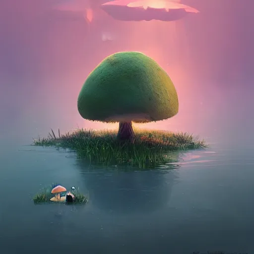 Image similar to a beautiful lake with cute little mushrooms growing around it, by roman shipunov, etienne hebinger, atey ghailan, cgsociety, cynical realism, fantasy art, 2 d game art